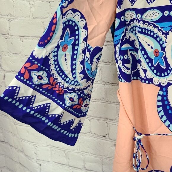 Bohemian NWT Work Dress Peach Blue Boho Printed Flare Sleeve Shift Colorful - Picture 7 of 10